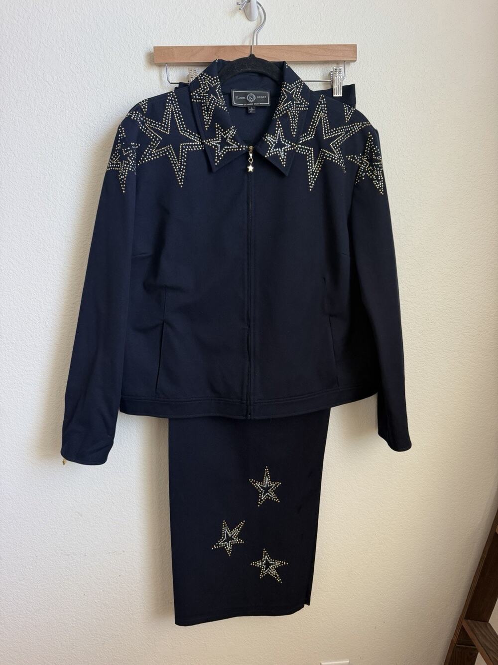 St. John Sport Pant Suit Womens L Navy Star Studded 2 Piece Set Jacket/pant Vtg